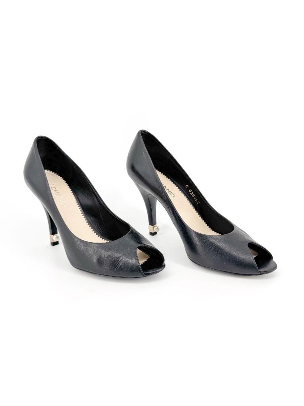 Chanel Peep Toe CC Logo Pearl Black Leather Pumps High Heels Size 38.5 US 7.5-8